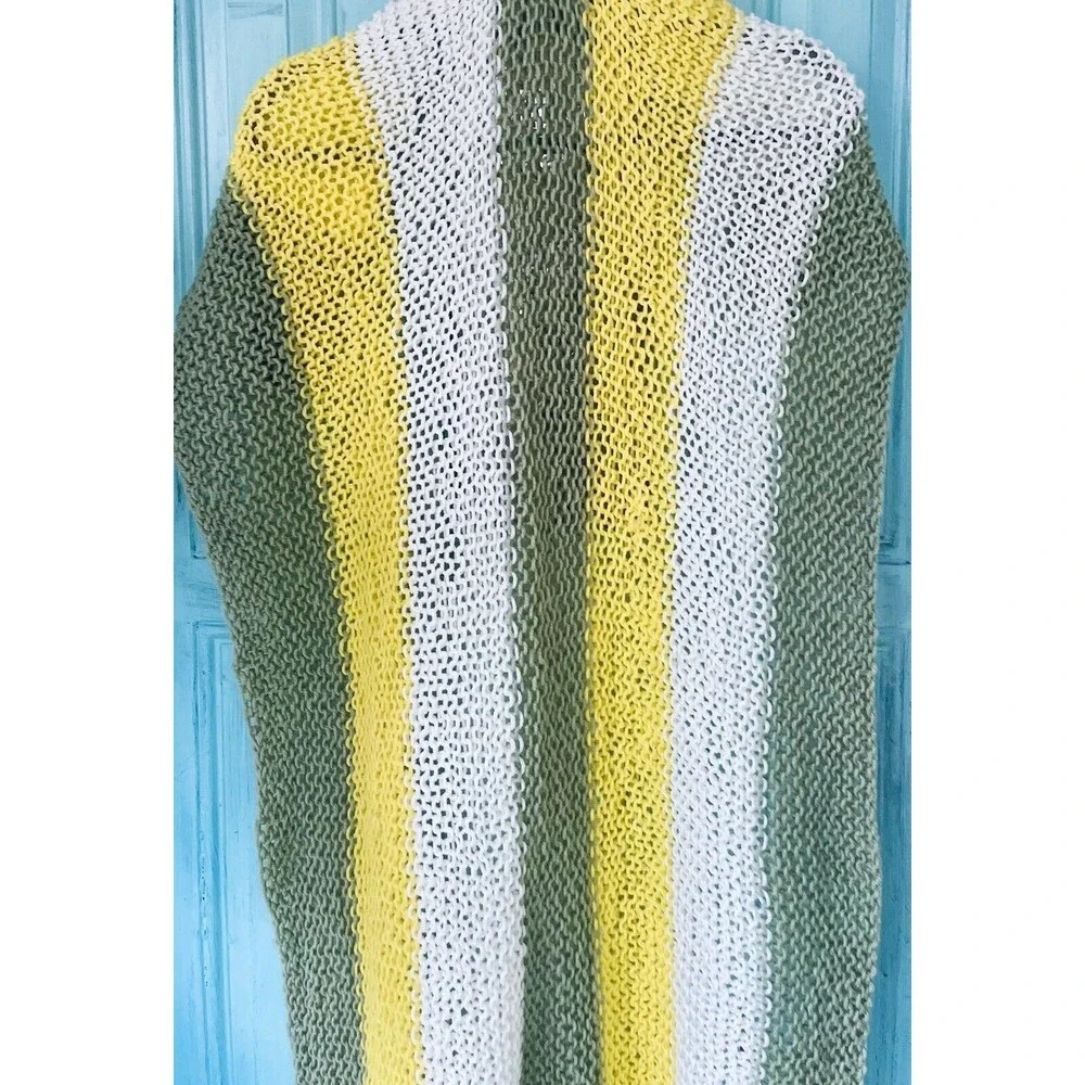 White Green Yellow Crocheted Afghan 62 X 23 For Baby, Gifting, Boho, Retro